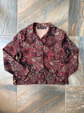 Briggs New York Petite Large Paisley Button Up Shirt Jacket Red Brown PL